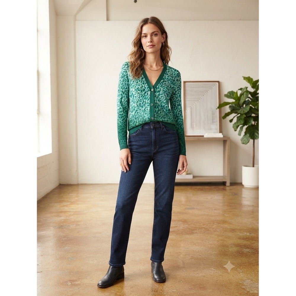 Isaac Mizrahi Live Green Leopard Ombre Cotton V-Neck Cardigan Sweater XXS